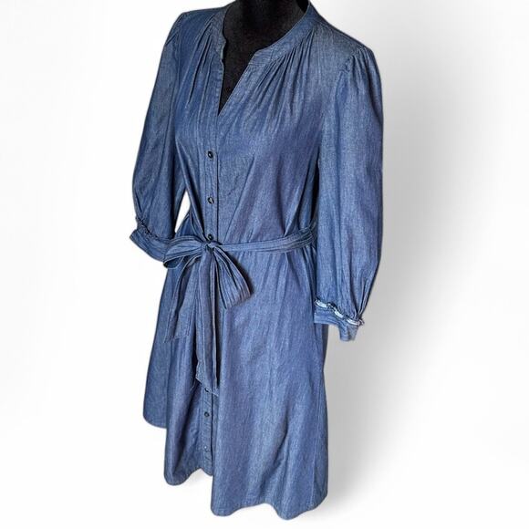 Draper James Shirt Dress Chambray Belted 100% Cotton Long Sleeve Minimalist  8 - Picture 4 of 12